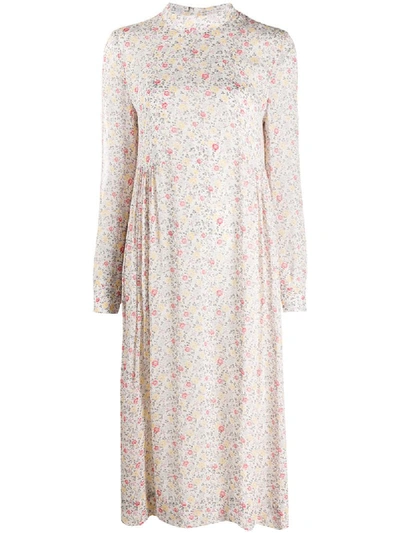 Ganni Floral Print Long-sleeve Dress In White