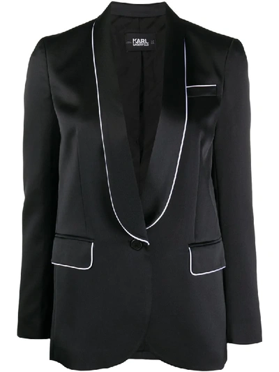 Karl Lagerfeld Piped-trim Satin Blazer In Black
