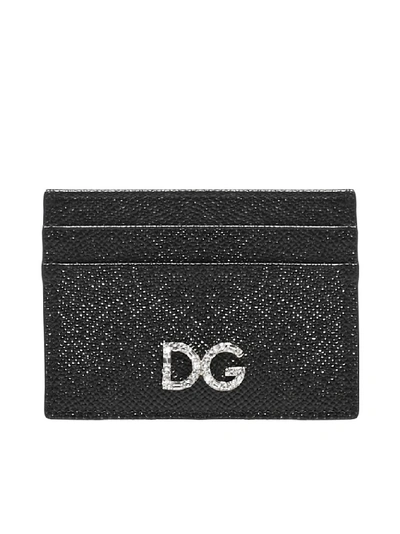 Dolce & Gabbana Crystal-embellished Textured-leather Cardholder In Black