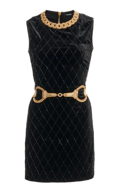 Balmain Bead-embellished Velvet Mini Dress In Black