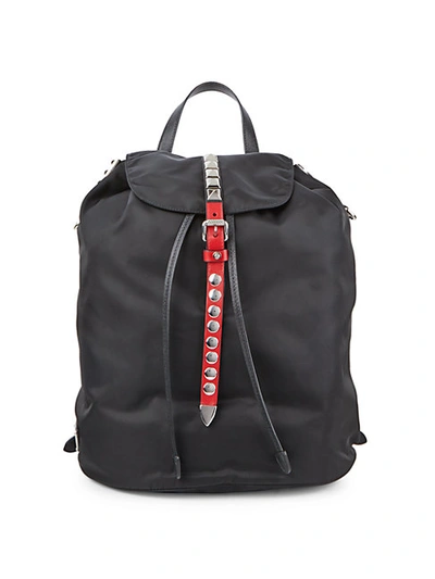 Prada Studded Leather-trim Flap Backpack In Black