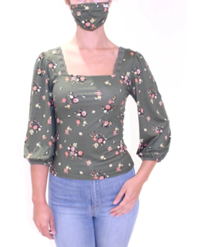 Almost Famous Juniors' Floral-print Top With Matching Mask In Olive Floral