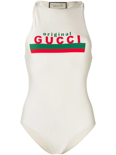 Gucci Logo印花连体泳衣 In White