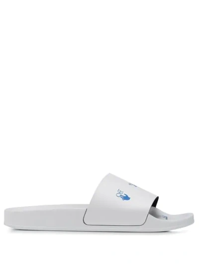 Off-white White Logo Faux Leather Sliders In White/blue