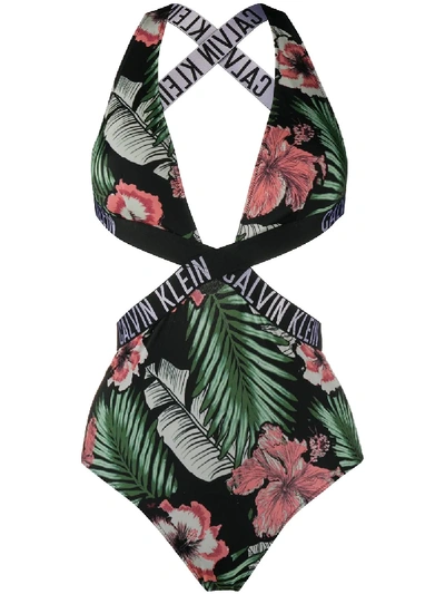 Calvin Klein Floral-print Cut-out Swimsuit In Black