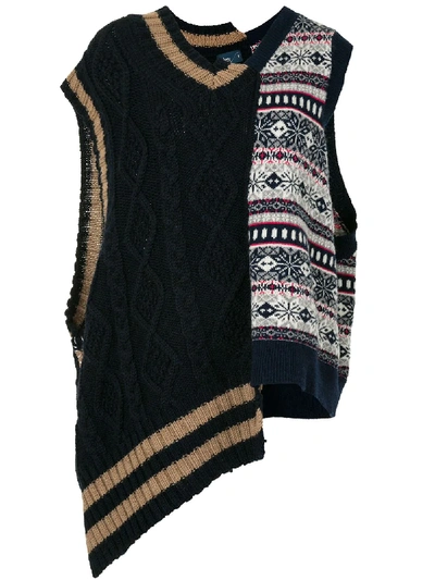 Kolor Patchwork Asymmetric Hem Knitted Waistcoat In Blue