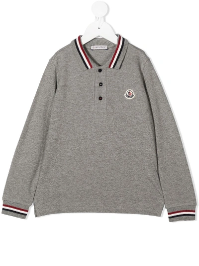 Moncler Kids' Logo-patch Long Sleeved Polo Shirt In Light Grey