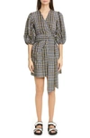 GANNI CHECK SEERSUCKER PUFF SLEEVE WRAP DRESS,F4985