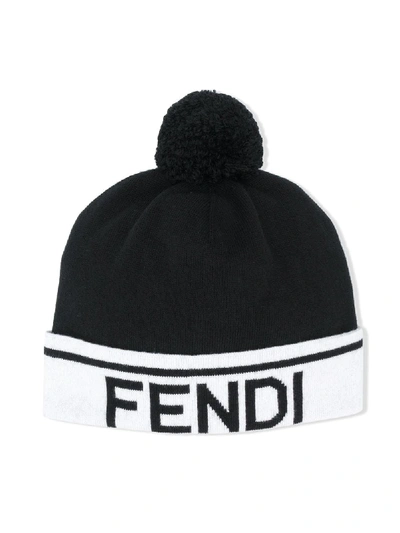 Fendi Kids' Logo-jacquard Pompom Beanie In Black