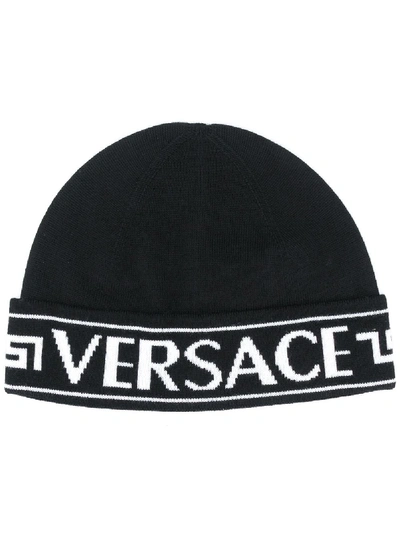 Versace Logo Wool Beanie In Black