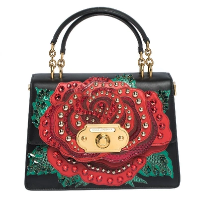 Pre-owned Dolce & Gabbana Black Leather And Python Rose Applique Welcome Shoulder Bag