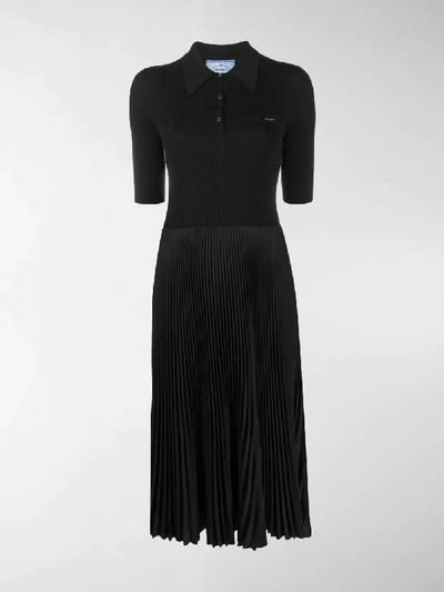 Prada Ribbed-top Pleated Midi Dress In Schwarz