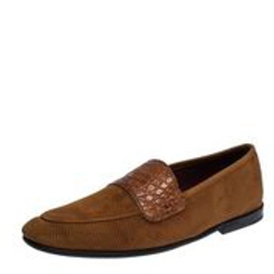 Pre-owned Dolce & Gabbana Brown Perforated Suede Crocodile Band Slip On Loafers Size 42