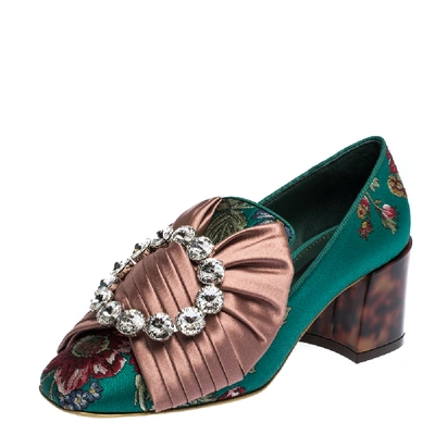 Pre-owned Dolce & Gabbana Green Embroidered Brocade Jackie Bejeweled Bow Block Heel Pumps Size 37