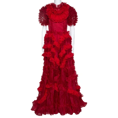 Pre-owned Dolce & Gabbana Red Silk Organza All-over Ruffle Detail Long Dress It 42