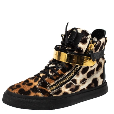 Pre-owned Giuseppe Zanotti Brown/black Leopard Print Calf Hair Lace Up High Top Sneakers Size 44