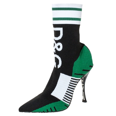 Pre-owned Dolce & Gabbana Green/black Stretch Knit Logo Sock Ankle Boots Size 37