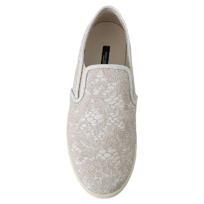 Pre-owned Dolce & Gabbana Off-white Lace Leather Slip On Loafers Size 35