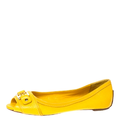 Pre-owned Tory Burch Mustard Leather Cline Peep Toe Ballet Flats Size 35.5 In Yellow