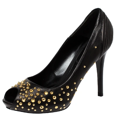 Pre-owned Alexander Mcqueen Black Leather Studded Peep Toe Pumps Size 38.5