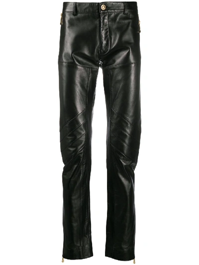 Pre-owned Versace Straight-leg Leather Trousers In Black