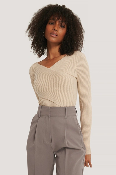 Na-kd Cropped Overlap Knitted Sweater - Beige