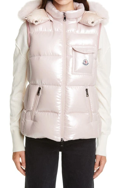 Moncler Balabio Metallic Down Puffer Hooded Waistcoat With Removable Genuine Blue Fox Fur Trim In Pink