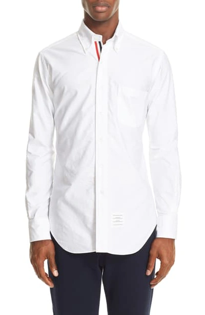 Thom Browne Extra Trim Fit Oxford Shirt With Grosgrain Trim In White
