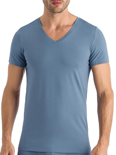 Hanro Cotton Superior Short-sleeve V-neck In Cerulean Blue