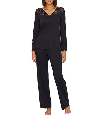 Hanro Moments Lace Trim Cotton Long Sleeve Pajama Set In Black