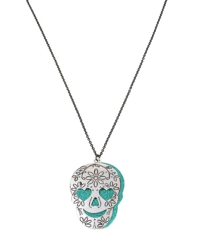 Betsey Johnson Engraved Double Skull Pendant Long Necklace In Teal