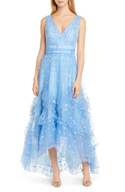 Marchesa Notte Sequin-embellished Tiered Ruffled Tulle Midi Dress In Light Blue