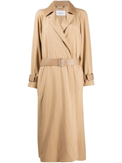 Ferragamo Belted Leather-trimmed Silk Trench Coat In Beige