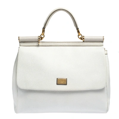 Pre-owned Dolce & Gabbana Off White Leather Large Miss Sicily Top Handle Bag