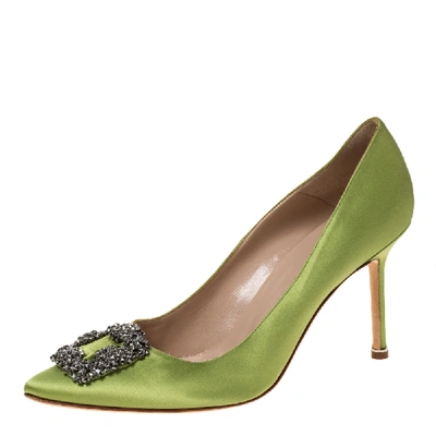Pre-owned Manolo Blahnik Lime Green Satin Hangisi Pumps Size 41