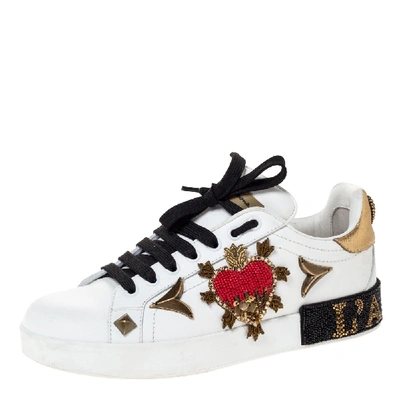 Pre-owned Dolce & Gabbana Dolce And Gabbana White Leather Portofino Heart Embellished Low Top Sneakers Size 38