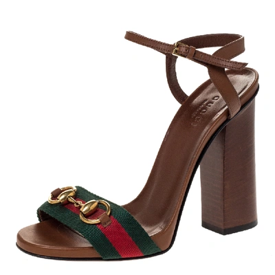 Pre-owned Gucci Brown Leather Horsebit Web Stripe Detail Ankle Strap Sandals Size 36.5