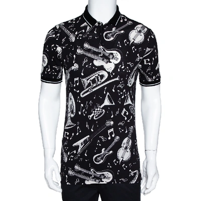 Pre-owned Dolce & Gabbana Monochrome Cotton Pique Musical Print Polo T-shirt S In Black