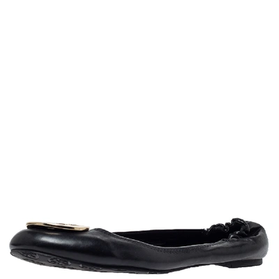 Pre-owned Tory Burch Black Leather Minnie Scrunch Ballet Flats Size 41
