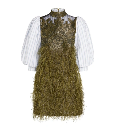Ganni Feather-embellished Jacquard-paneled Cotton-poplin Mini Dress In Multi