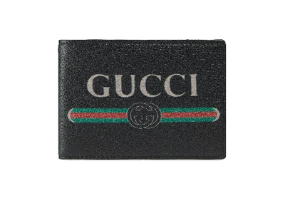 Pre-owned Gucci Print Bifold Wallet Textured Leather (4 Card Slots) Black