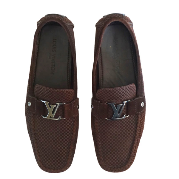 Pre-Owned Louis Vuitton Petit Damier Canvas Monte Carlo Suede Moccasins Size 43 In Brown | ModeSens