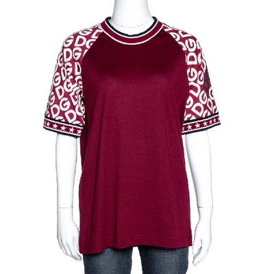 Pre-owned Dolce & Gabbana Bordeaux Jersey Dg Mania Print Sleeved Crew Neck T Shirt It 46 In Red
