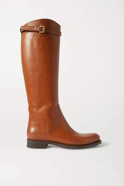 Prada 30 Logo-embossed Leather Knee Boots In Brown