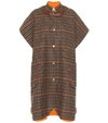 BURBERRY LEATHER-TRIMMED CHECKED WOOL CAPE,P00495221