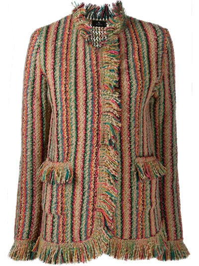 Etro Fringed Striped Knitted Cardigan In Neutrals