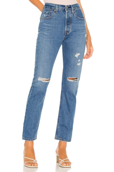 Levi's 501 High Rise Rip Knee Straight Leg Crop Jeans With Rips In Mid Was Blue-blues