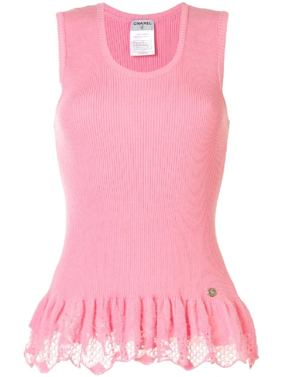 Pre-owned Chanel 2006 Lace Panel Ribbed Tank In Pink
