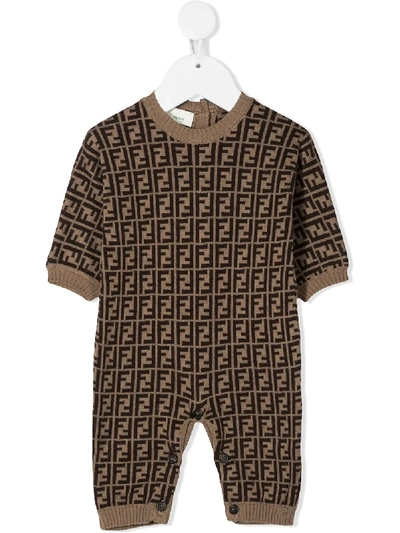 Fendi Babies' Ff Logo-print Knitted Romper In Brown