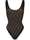 Fendi Ff Logo Print Swimsuit In Brown
